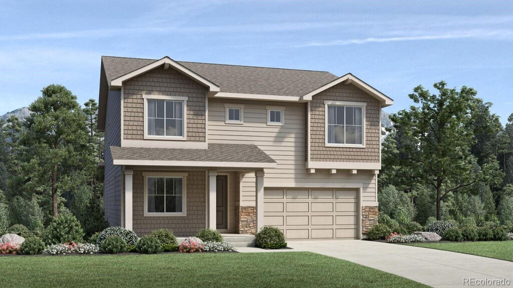 craftsman inspired home featuring roof with shingles, an attached garage, concrete driveway, a front lawn, and stone siding