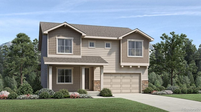 craftsman inspired home featuring roof with shingles, an attached garage, concrete driveway, a front lawn, and stone siding