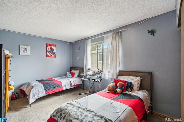 carpeted bedroom with a textured ceiling