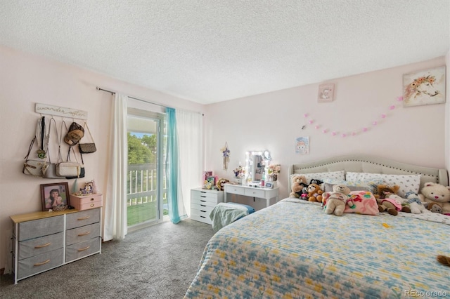 bedroom with dark colored carpet, a textured ceiling, and access to outside