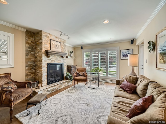 2609 S Dahlia St, Denver, CO 80222 - living room with wood finished floors, a stone fireplace, and ornamental molding