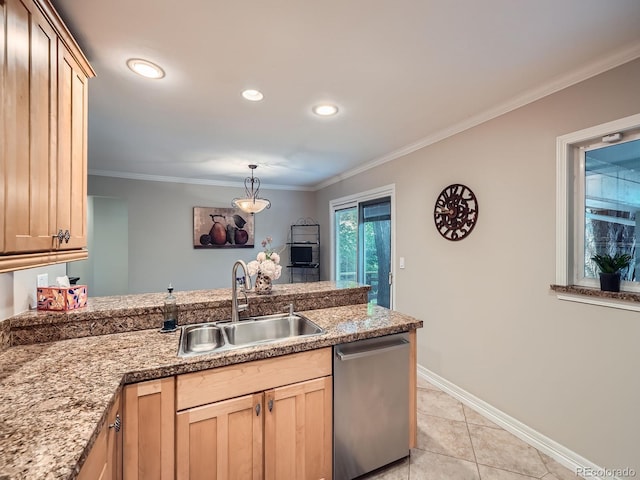 2609 S Dahlia St, Denver, CO 80222 - kitchen with a sink, dishwasher, a peninsula, light tile patterned floors, and ornamental molding