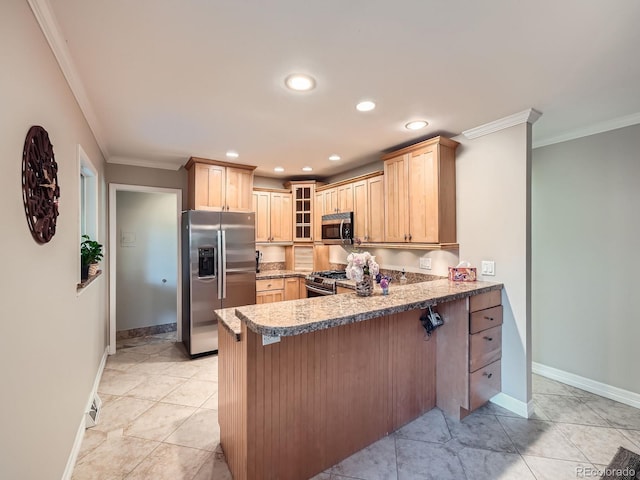 2609 S Dahlia St, Denver, CO 80222 - kitchen featuring appliances with stainless steel finishes, a peninsula, crown molding, baseboards, and glass insert cabinets
