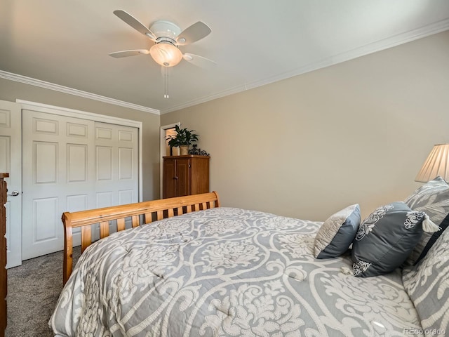 2609 S Dahlia St, Denver, CO 80222 - bedroom with a closet, carpet floors, ornamental molding, and a ceiling fan