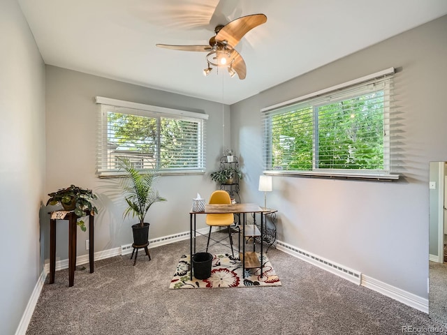 2609 S Dahlia St, Denver, CO 80222 - office with a baseboard radiator, carpet floors, a ceiling fan, and plenty of natural light