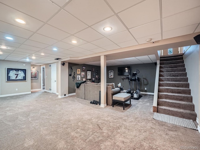 2609 S Dahlia St, Denver, CO 80222 - finished below grade area featuring carpet floors, stairway, baseboards, and recessed lighting