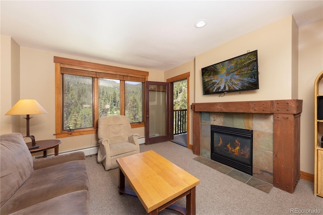 53 Hunki Dori Ct Unit 8886, Keystone, CO 80435 - carpeted living area with a tile fireplace and recessed lighting