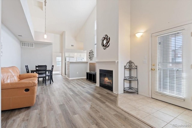 18661 E Water Dr Unit F, Aurora, CO 80013 - living room featuring high vaulted ceiling, light wood-type flooring, and a glass covered fireplace