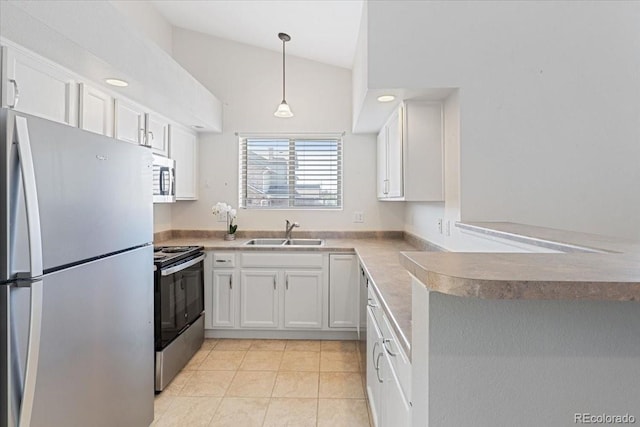 18661 E Water Dr Unit F, Aurora, CO 80013 - kitchen featuring stainless steel appliances, white cabinetry, light tile patterned floors, decorative light fixtures, and high vaulted ceiling