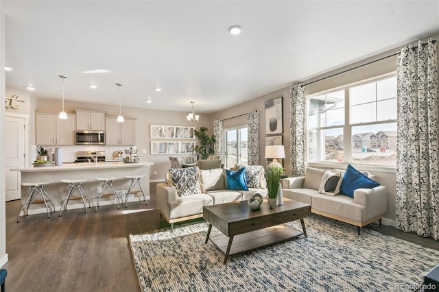 living room with dark hardwood / wood-style floors