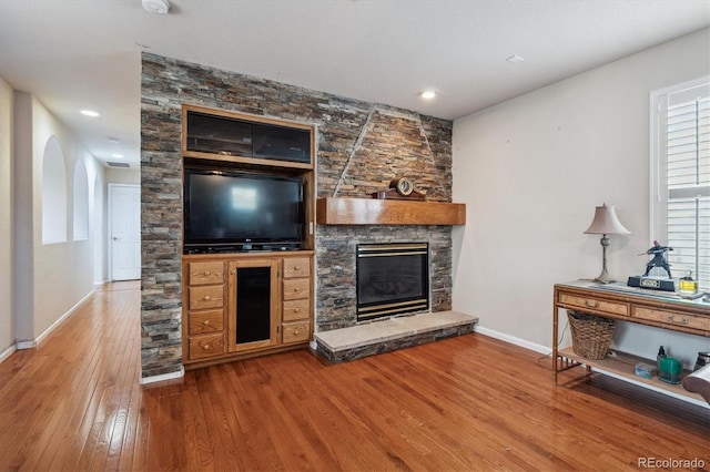 living room with a fireplace and wood-type flooring