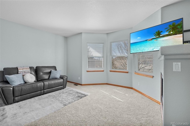 carpeted living area with a textured ceiling, visible vents, and baseboards