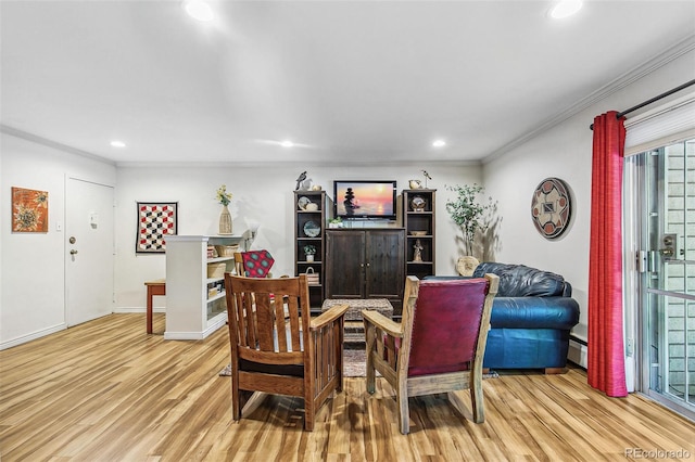 1200 N Humboldt St Unit 101, Denver, CO 80218 - living area featuring wood finished floors, ornamental molding, recessed lighting, and baseboard heating