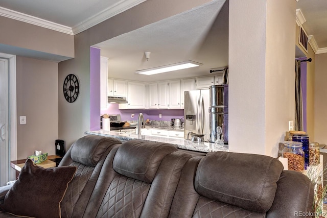 living area featuring ornamental molding and visible vents