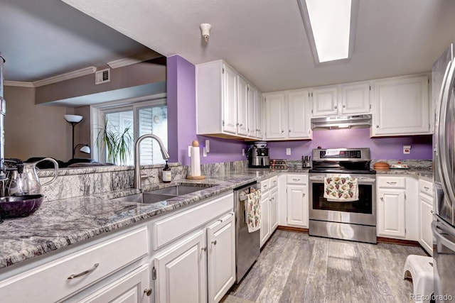 kitchen featuring light stone counters, a sink, stainless steel appliances, under cabinet range hood, and visible vents