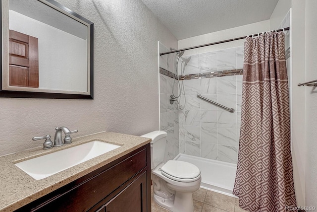 full bathroom with a textured ceiling, a stall shower, vanity, toilet, and a textured wall