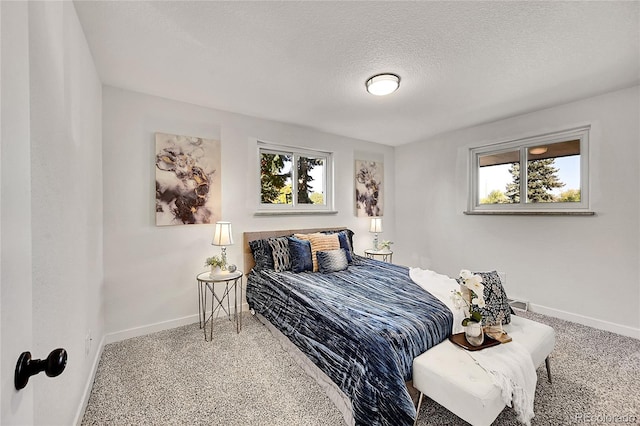 carpeted bedroom with a textured ceiling and multiple windows