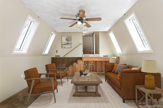 779 High Point Cir, Black Hawk, CO 80422 - sitting room featuring a skylight, stairs, light carpet, and a ceiling fan