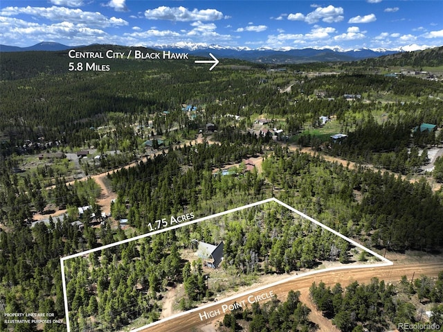 779 High Point Cir, Black Hawk, CO 80422 - view of property location with a heavily wooded area, a mountain backdrop, and property boundaries highlighted