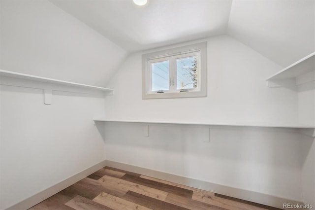 walk in closet featuring lofted ceiling and wood finished floors