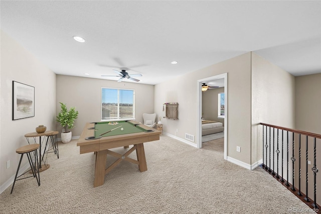 rec room featuring visible vents, recessed lighting, carpet flooring, pool table, and baseboards