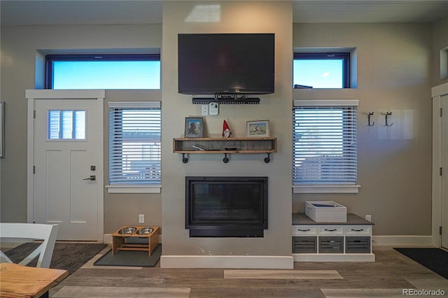 living room featuring dark wood-type flooring