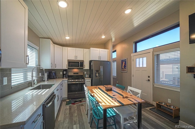 kitchen with sink, wood ceiling, stainless steel appliances, white cabinets, and decorative backsplash