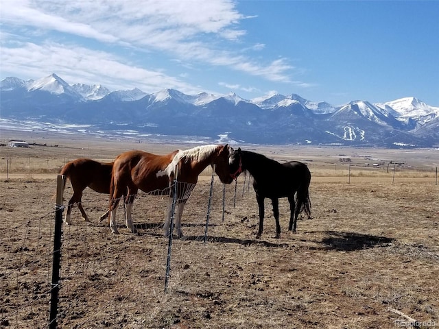 view of stable with a mountain view and a rural view