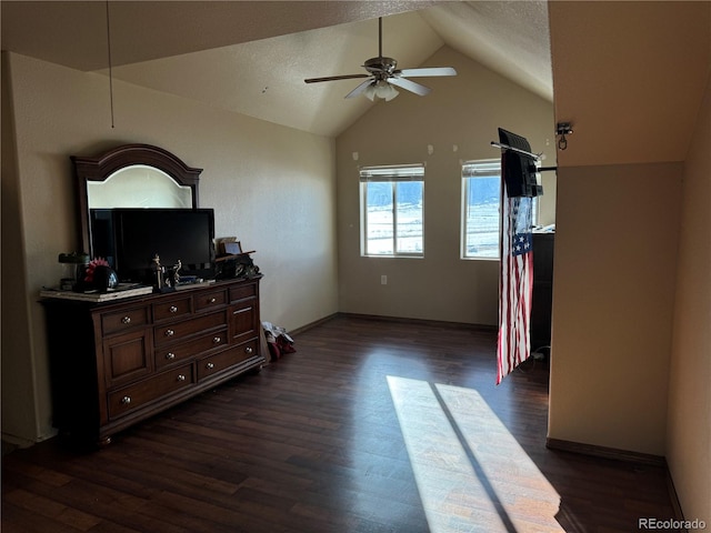 bedroom with dark hardwood / wood-style flooring and vaulted ceiling