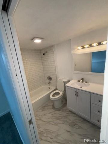 bathroom with vanity, bathtub / shower combination, toilet, and marble finish floor