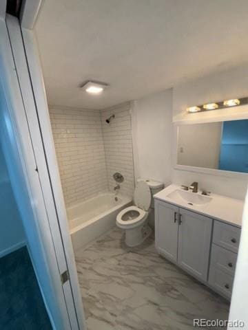 full bath featuring toilet, shower / bath combination, marble finish floor, and vanity