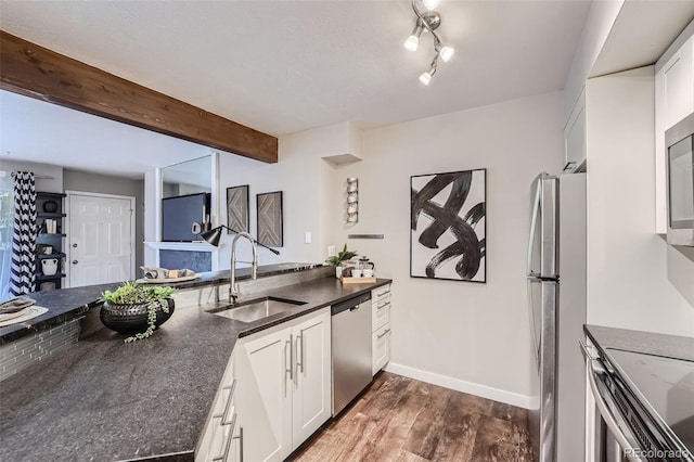 kitchen featuring sink, appliances with stainless steel finishes, dark hardwood / wood-style flooring, and white cabinets