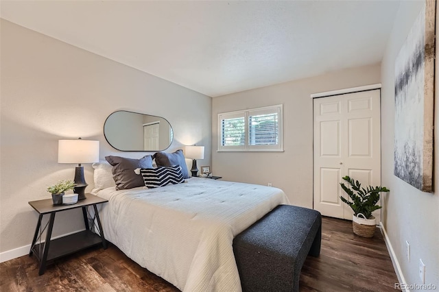 bedroom with a closet and dark hardwood / wood-style floors