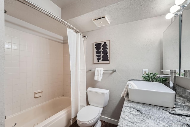 full bathroom with toilet, a textured ceiling, shower / bath combination with curtain, and vanity