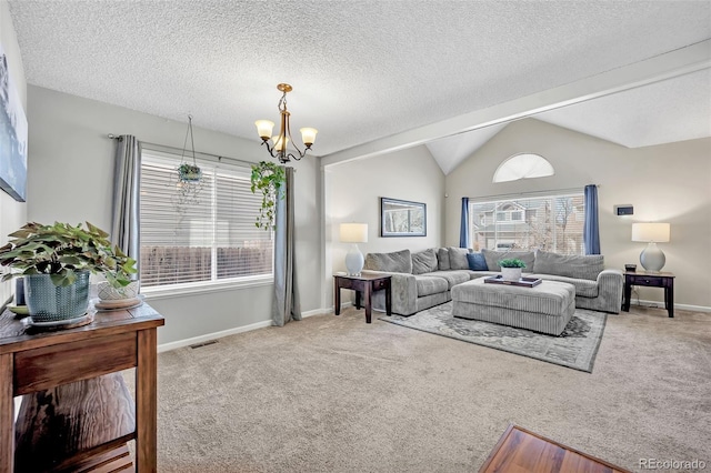 living room featuring baseboards, visible vents, carpet floors, lofted ceiling, and an inviting chandelier