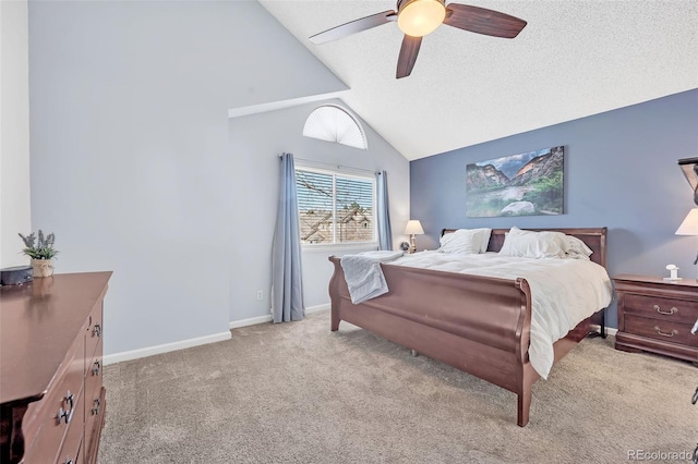 bedroom with light carpet, lofted ceiling, a textured ceiling, baseboards, and ceiling fan