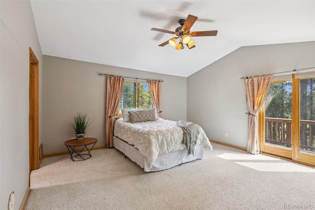 10668 Crystal Way, Morrison, CO 80465 - bedroom featuring lofted ceiling, access to outside, carpet floors, and ceiling fan