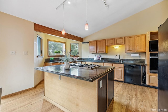 10668 Crystal Way, Morrison, CO 80465 - kitchen featuring black appliances, track lighting, light wood-type flooring, lofted ceiling, and a kitchen island