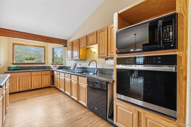 10668 Crystal Way, Morrison, CO 80465 - kitchen with black appliances, light wood-type flooring, vaulted ceiling, and dark countertops