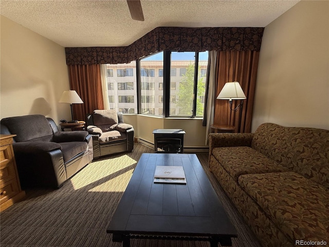 6 Emmons Rd Unit 379/381, Mount Crested Butte, CO 81225 - living room featuring a baseboard heating unit, a textured ceiling, ceiling fan, and carpet