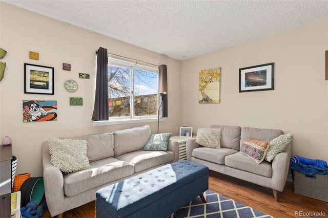 living room featuring a textured ceiling and wood finished floors