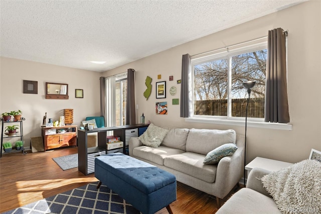 living area with a textured ceiling and wood finished floors