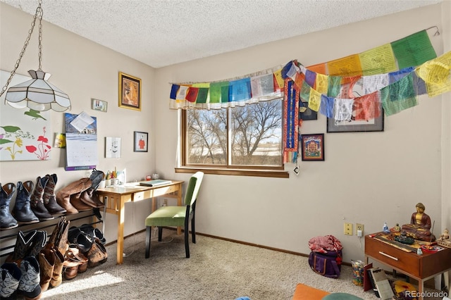 home office featuring a textured ceiling, carpet flooring, and baseboards