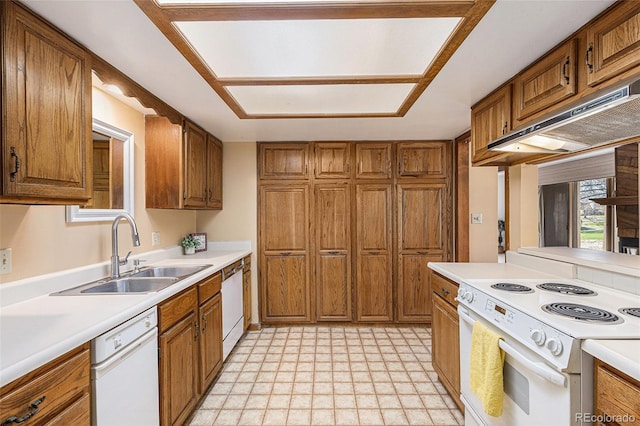 3103 Broadmoor Valley Rd Unit B, Colorado Springs, CO 80906 - kitchen with under cabinet range hood, white appliances, brown cabinets, and a sink
