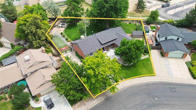 7440 Quail St, Arvada, CO 80005 - aerial perspective of suburban area featuring property parcel outlined