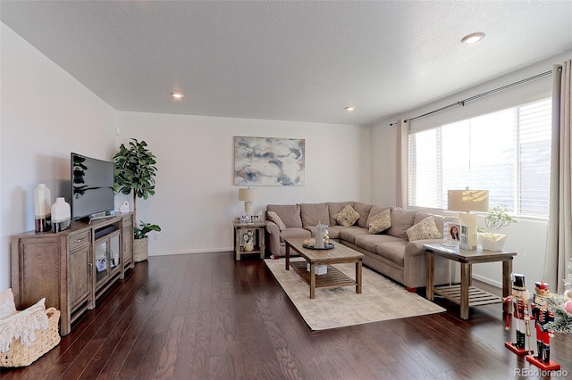 living room featuring dark hardwood / wood-style flooring and a textured ceiling