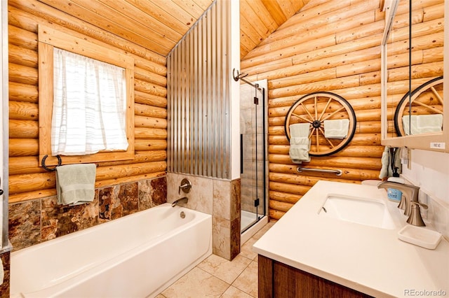 7573 Pine Crest Dr, Kiowa, CO 80117 - full bathroom with vanity, a bath, a shower stall, rustic walls, and wooden ceiling