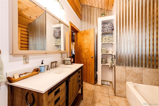 7573 Pine Crest Dr, Kiowa, CO 80117 - bathroom featuring wooden ceiling, vanity, and a bath