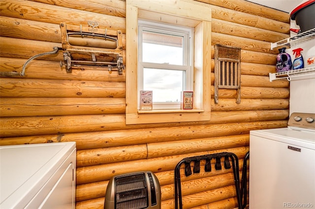 7573 Pine Crest Dr, Kiowa, CO 80117 - laundry area with washer / clothes dryer, log walls, and heating unit