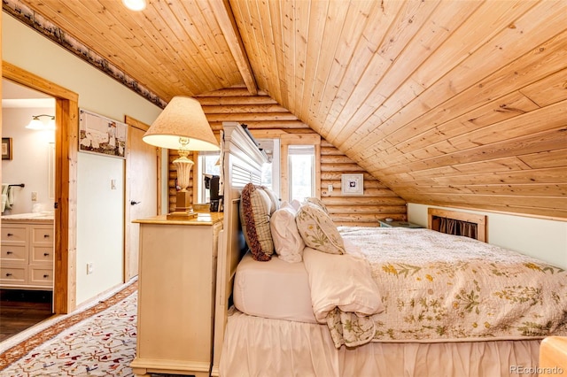 7573 Pine Crest Dr, Kiowa, CO 80117 - bedroom with rustic walls, wooden ceiling, connected bathroom, and wood finished floors